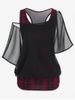 Plus Size Skew Neck Sheer Mesh Blouse and Ruched Plaid Tank Top Set -  