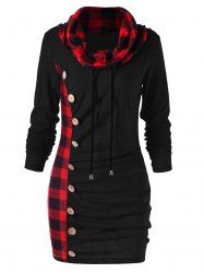 Plus Size Plaid Cowl Neck Long Sleeves Mini Sweatshirt Dress with Buttons -  