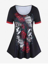 T-shirt Gothique en Blocs de Couleurs à Imprimé Rose et Crâne - Noir 1X | US 14-16