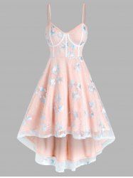 Spaghetti Strap Flower Embroidered High Low Mesh Dress -  