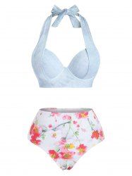 Flower Print Moulded Halter High Rise Bikini Swimwear Set -  