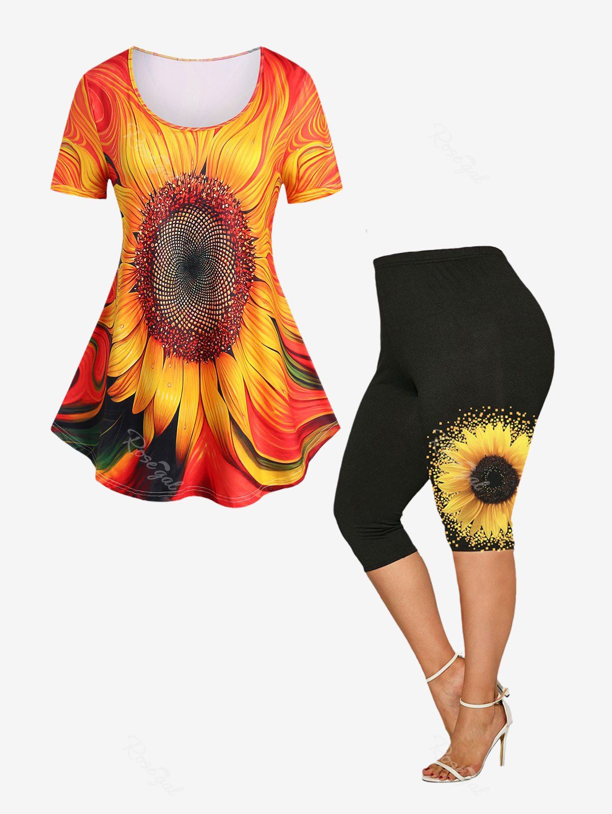 Best Sunflower Print Tee and High Waist Capri Leggings Plus Size Summer Outfit  