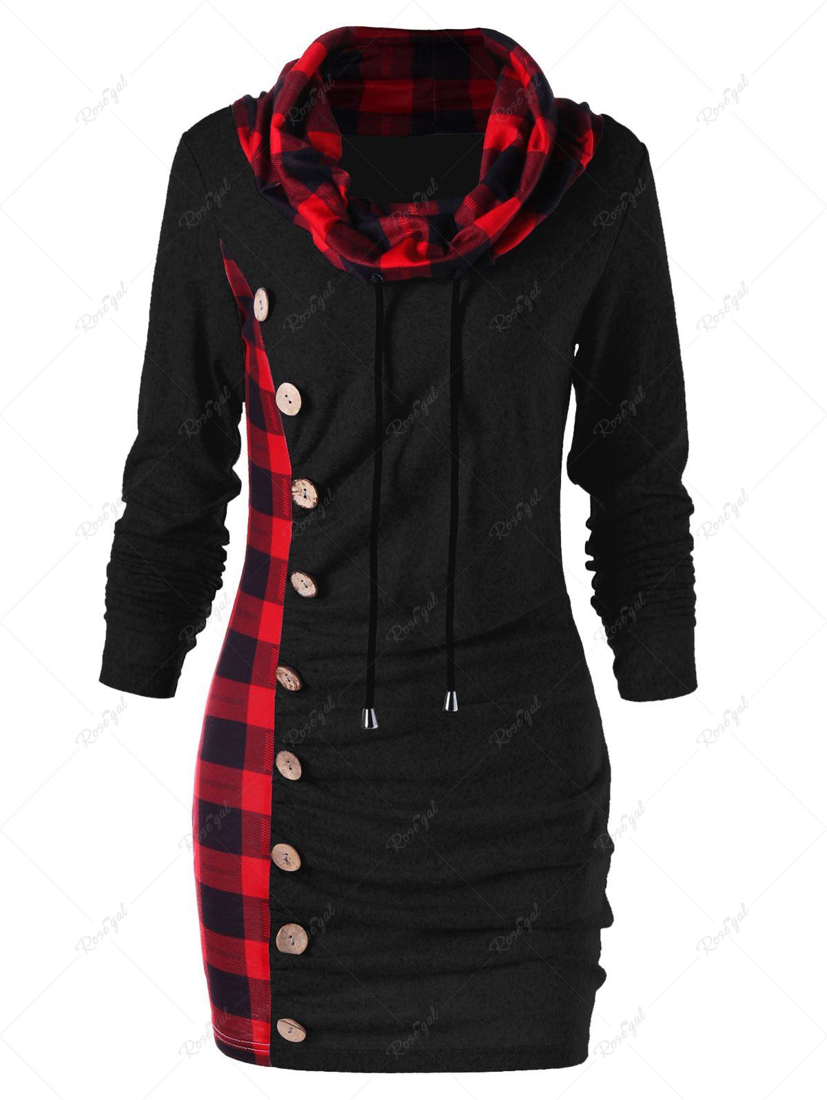 Hot Plus Size Plaid Cowl Neck Long Sleeves Mini Sweatshirt Dress with Buttons  