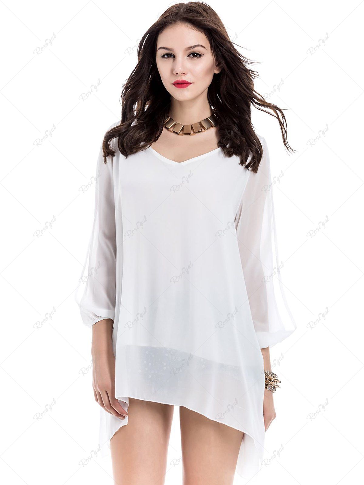 Discount Plus Size Slit Sleeve Layered Sheer Mesh Blouse  