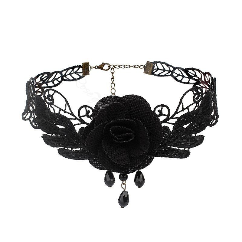 Collier Ras-de-Cou avec Pendentif Décoré de Fleurs Style Gothique Vintage Noir 