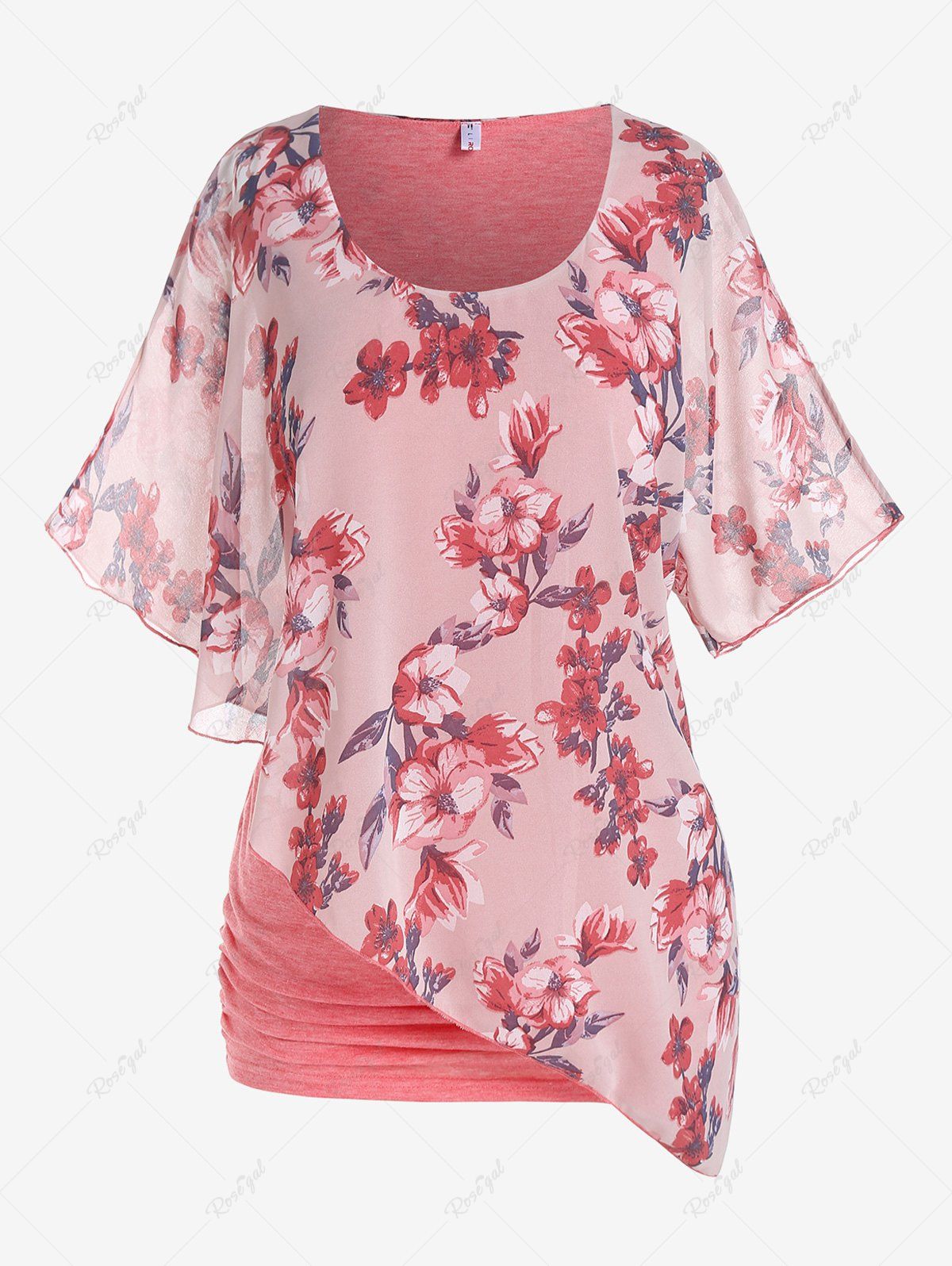 T-shirt Asymétrique Superposé en Blocs de Couleurs Grande Taille Rose clair 