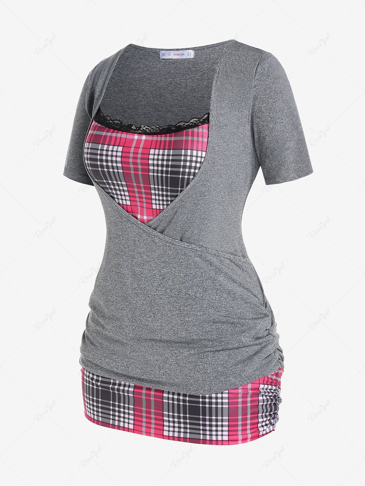 Affordable Plus Size Plaid Ruched 2 in 1 Tee  