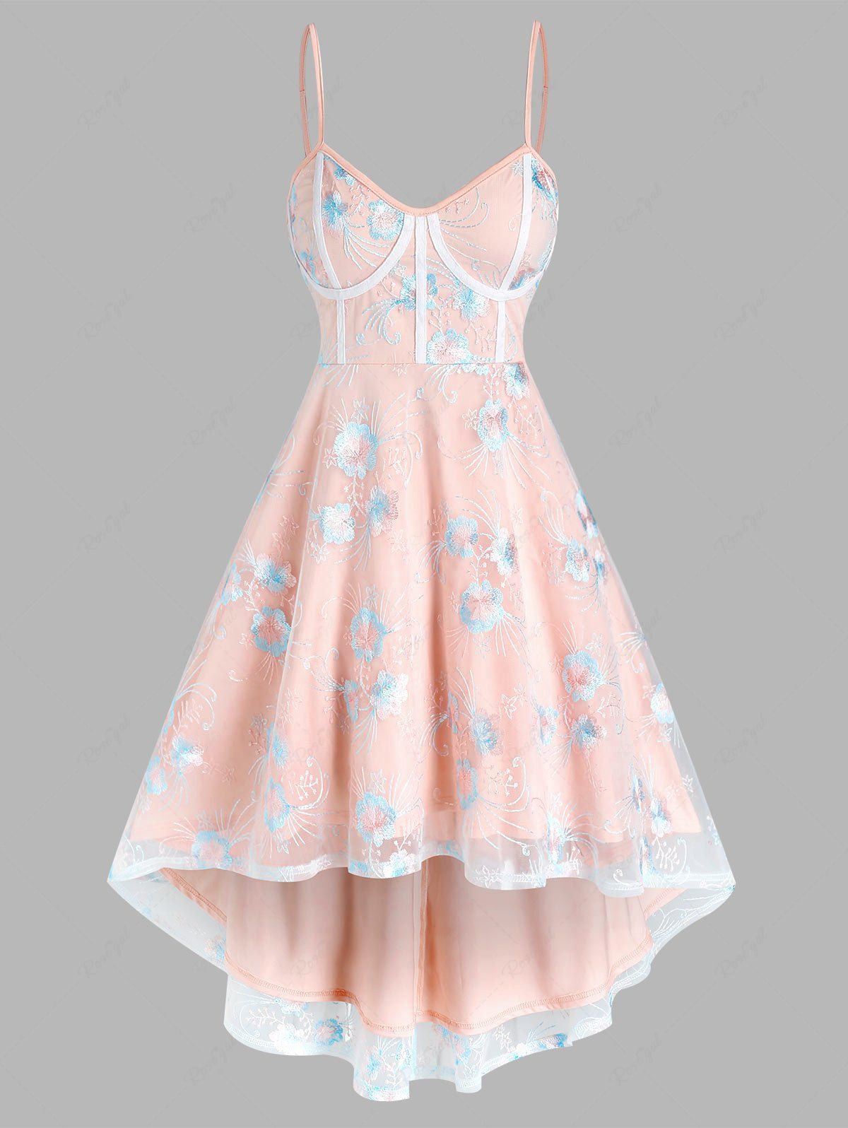 Outfits Spaghetti Strap Flower Embroidered High Low Mesh Dress  