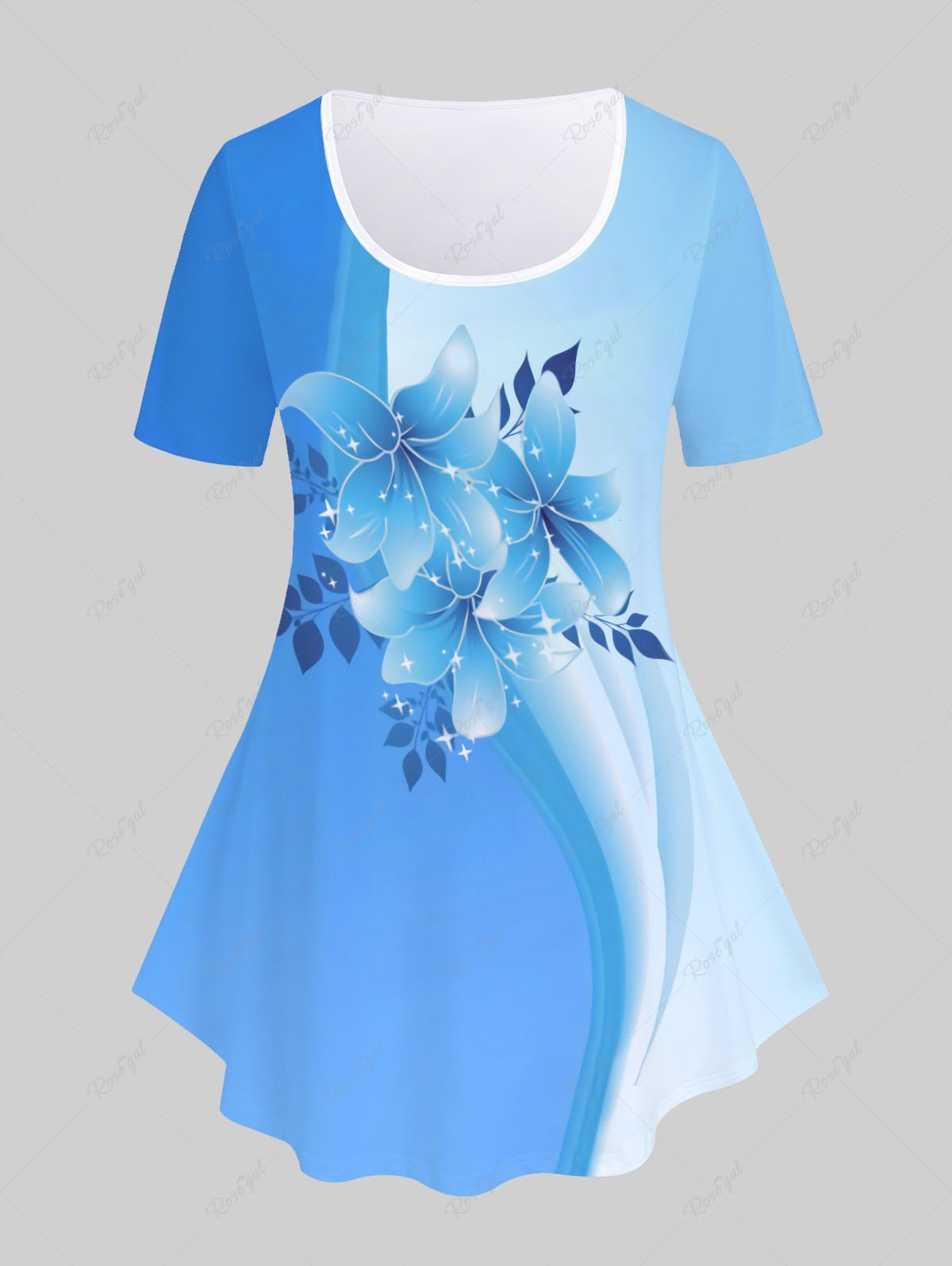 T-shirt à Imprimé Floral Ombre de Grande Taille Bleu clair 