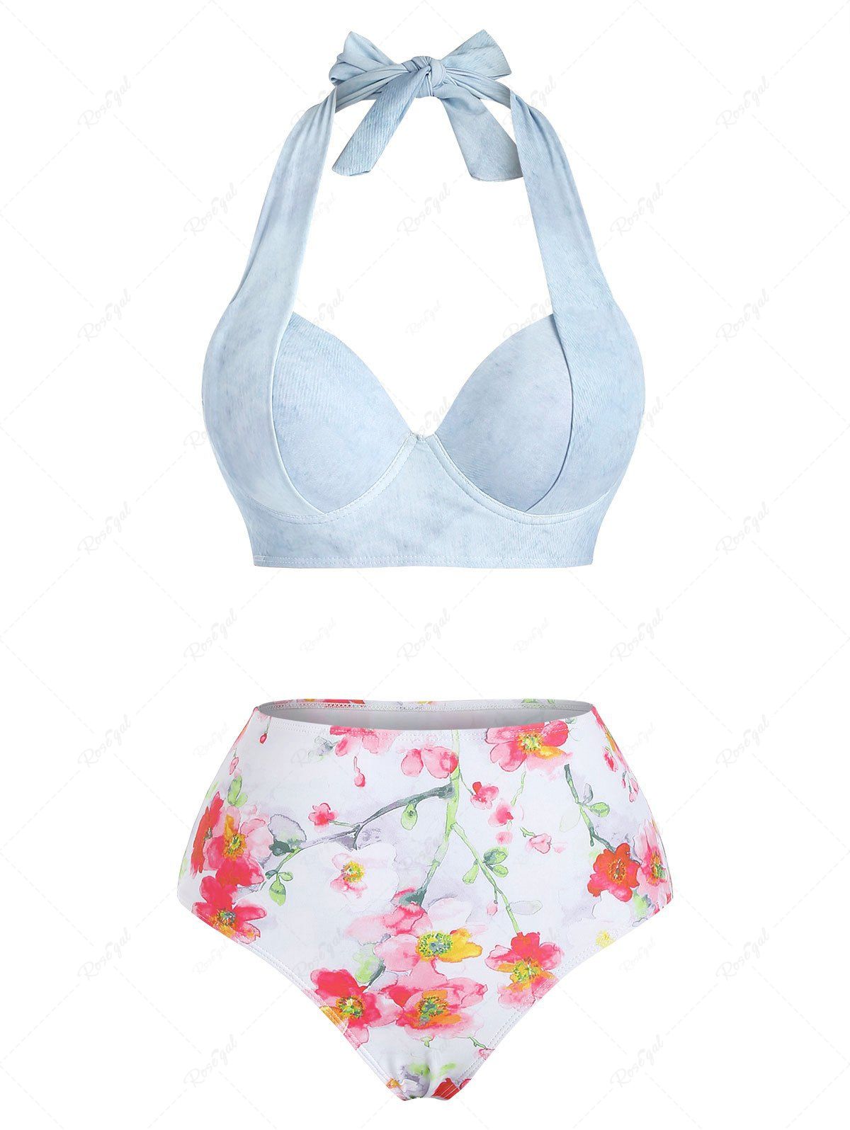 Sale Flower Print Moulded Halter High Rise Bikini Swimwear Set  