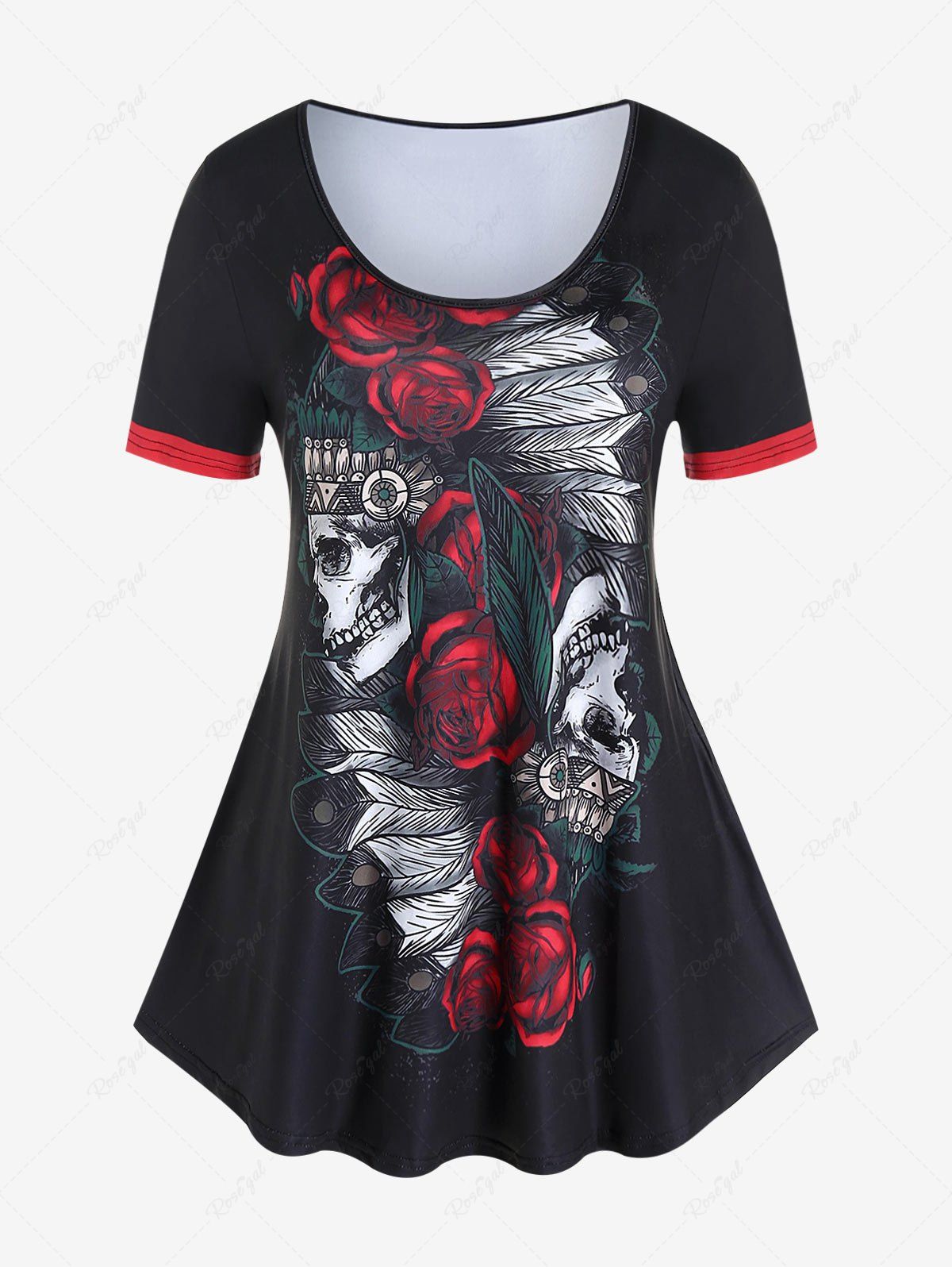 T-shirt Gothique en Blocs de Couleurs à Imprimé Rose et Crâne Noir 4X | US 26-28