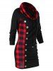Plus Size Plaid Cowl Neck Long Sleeves Mini Sweatshirt Dress with Buttons -  