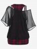 Plus Size Skew Neck Sheer Mesh Blouse and Ruched Plaid Tank Top Set -  