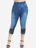 Plus Size High Waist 3D Denim Print Skinny Capri Jeggings -  