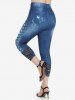 Plus Size High Waist 3D Denim Print Skinny Capri Jeggings -  