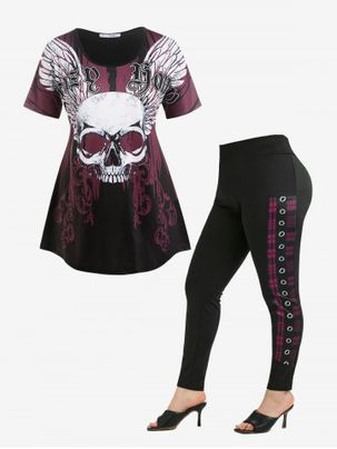 Gothic Skull Wings Print Graphic Tee and Buttoned Plaid Pants Plus Size Summer Outfit