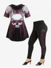 Gothic Skull Wings Print Graphic Tee and Buttoned Plaid Pants Plus Size Summer Outfit -  