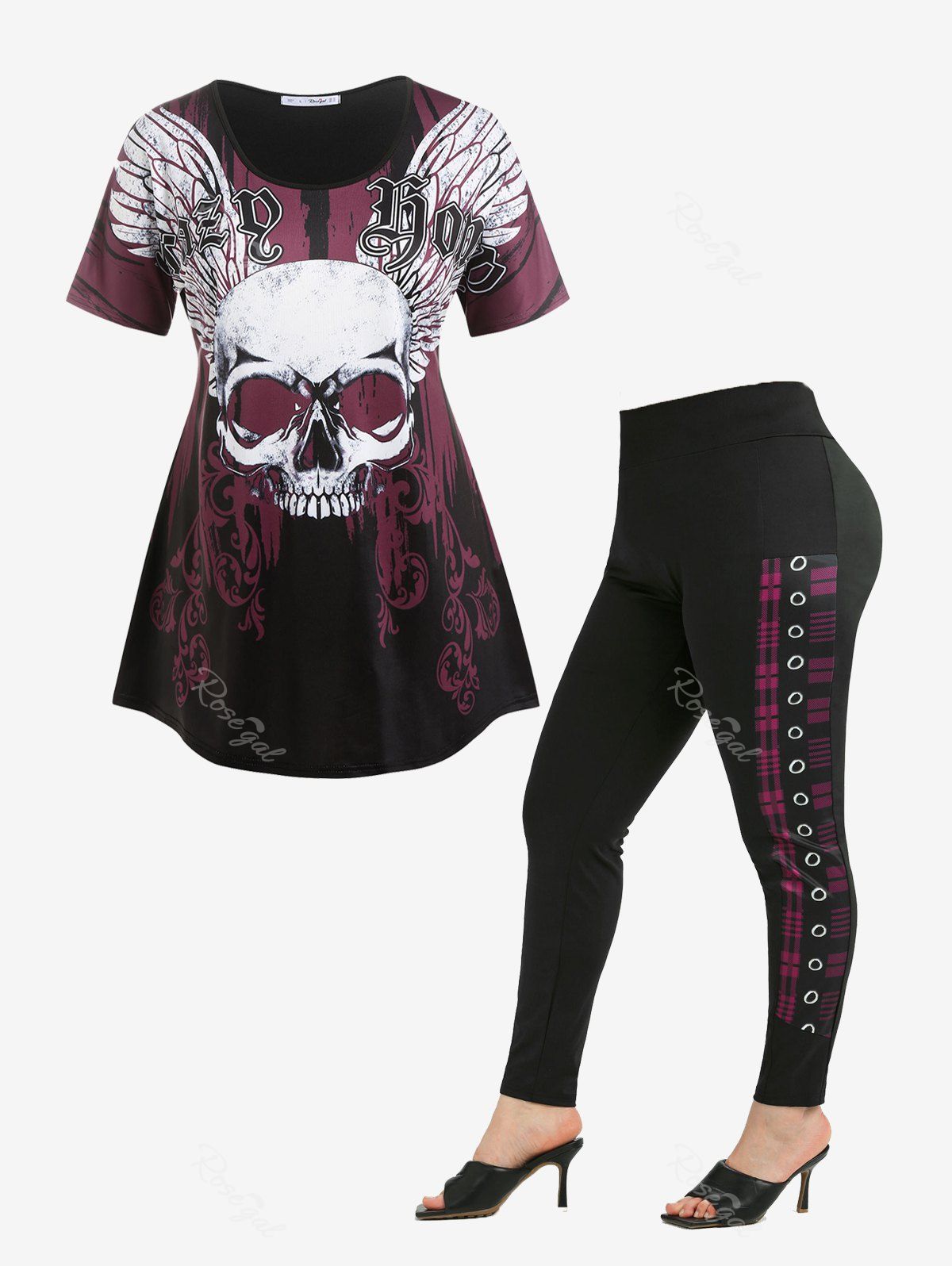 Store Gothic Skull Wings Print Graphic Tee and Buttoned Plaid Pants Plus Size Summer Outfit  