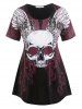 Gothic Skull Wings Print Graphic Tee and Buttoned Plaid Pants Plus Size Summer Outfit -  