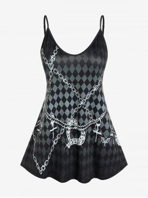 Plus Size 3D Checkerboard Chains Printed Tank Top