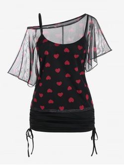 Plus Size Heart Print Skew Neck Sheer Mesh Blouse and Cinched Tank Top Set - BLACK - 1X | US 14-16