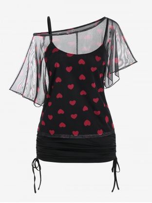 Plus Size Heart Print Skew Neck Sheer Mesh Blouse and Cinched Tank Top Set