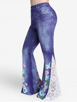 Plus Size 3D Jeans Flower Printed Lace Insert Pull On Flare Pants