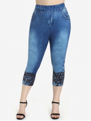 3D Lace Denim Print Tee and Capri Jeggings Plus Size Summer Outfit