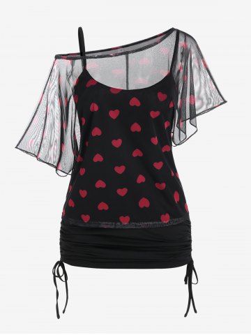 Plus Size Heart Print Skew Neck Sheer Mesh Blouse and Cinched Tank Top Set - BLACK - 1X | US 14-16