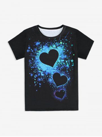 T-shirt Unisexe à Imprimé Peinture Eclaboussée Cœur à Manches Courtes - BLACK - 6XL