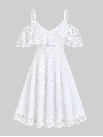 Plus Size Cold Shoulder Flounce Lace Party A Line Dress - WHITE - S | US 8