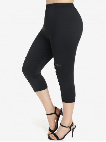 Plus Size Lace Panel Ripped Skinny Capri Leggings - BLACK - S | US 8