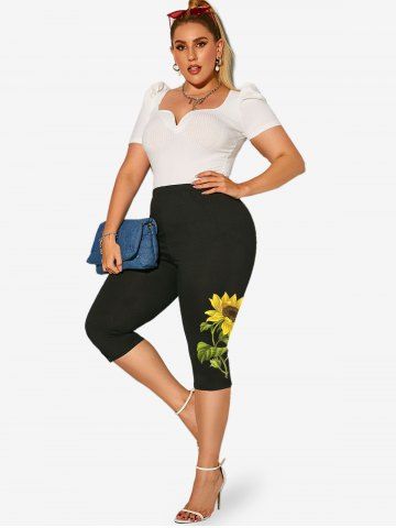 Plus Size High Waist Sunflower Print Capri Leggings
