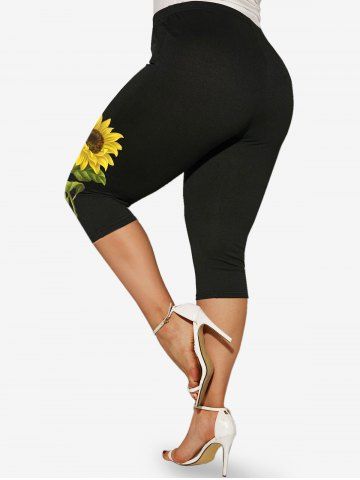 Plus Size High Waist Sunflower Print Capri Leggings