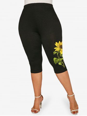 Plus Size High Waist Sunflower Print Capri Leggings