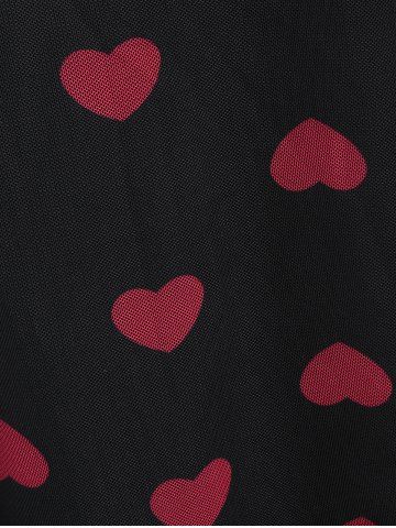 Plus Size Heart Print Skew Neck Sheer Mesh Blouse and Cinched Tank Top Set