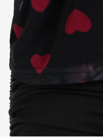 Plus Size Heart Print Skew Neck Sheer Mesh Blouse and Cinched Tank Top Set