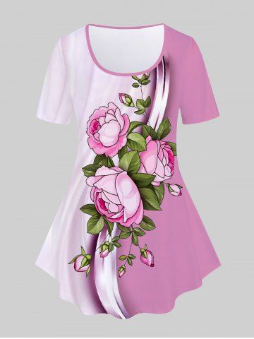 Plus Size Colorblock Floral Print Tee - PINK - M | US 10