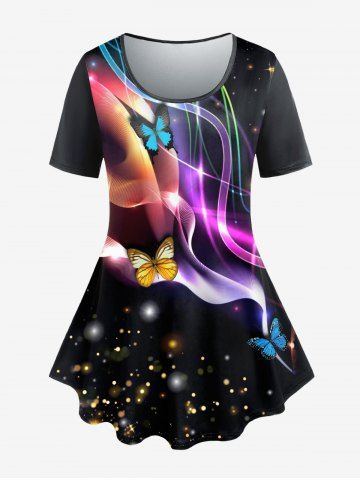 Plus Size 3D Glitter Sparkles Butterfly Printed Short Sleeves Tee - BLACK - 5X | US 30-32