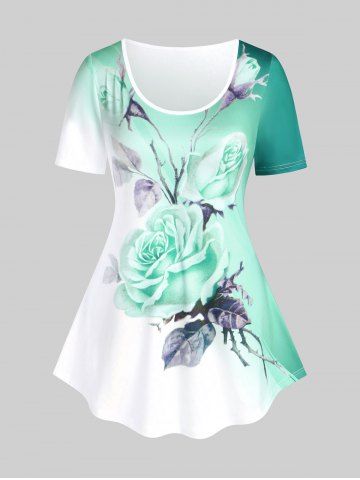 Plus Size Rose Print Ombre Color Tee - GREEN - 4X | US 26-28