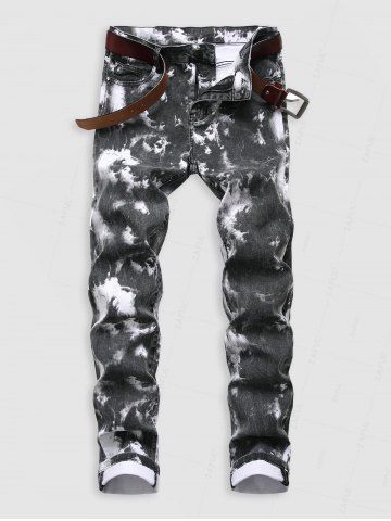 Tie-dye Pattern Cuffed Stretch Jeans - BLACK - 36