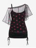 Plus Size Heart Print Skew Neck Sheer Mesh Blouse and Cinched Tank Top Set -  