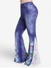 Pantalon Evasé à Imprimé 3D Fleur en Dentelle Insérée de Grande Taille - Bleu 