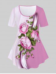 T-shirt à Imprimé Fleuri en Blocs de Couleurs de Grande Taille - Rose  5x | US 30-32
