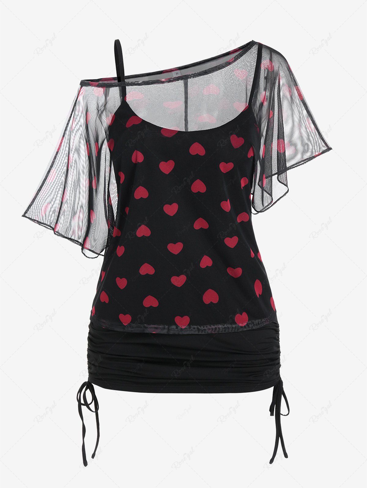 Online Plus Size Heart Print Skew Neck Sheer Mesh Blouse and Cinched Tank Top Set  