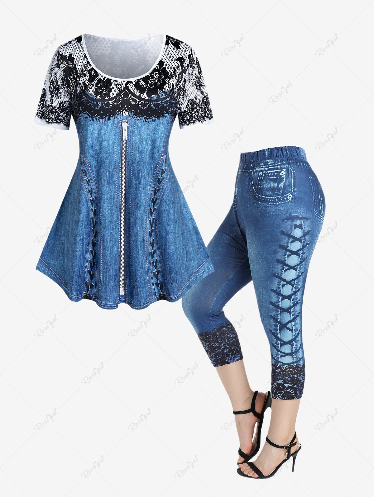 Outfit 3D Lace Denim Print Tee and Capri Jeggings Plus Size Summer Outfit  