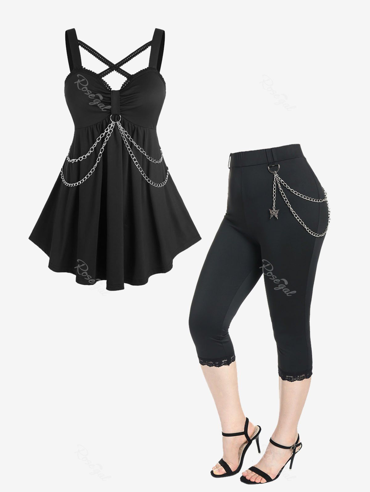 Outfits Backless Chains Cross Solid Gothic Tank Top and Chains Lace Trim Leggings Plus Size Summer Outfit  