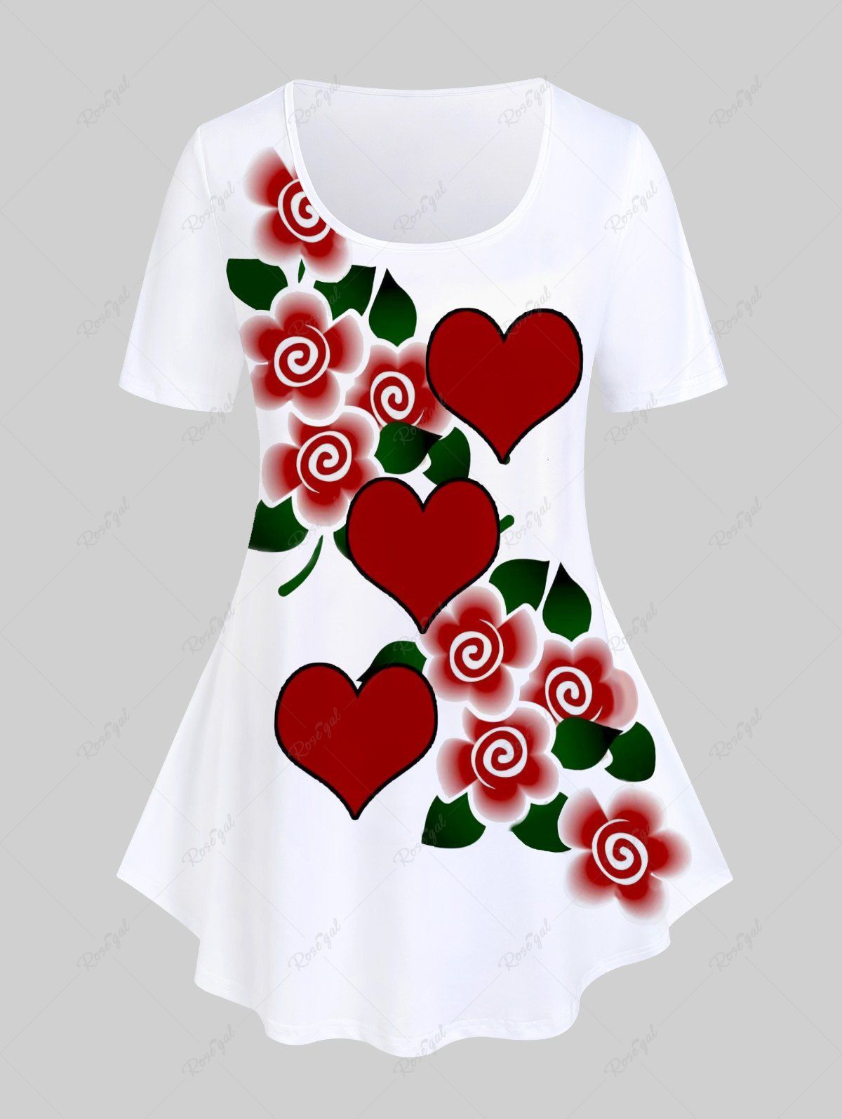T-shirt à Imprimé Cœur Floral Grande Taille Blanc 