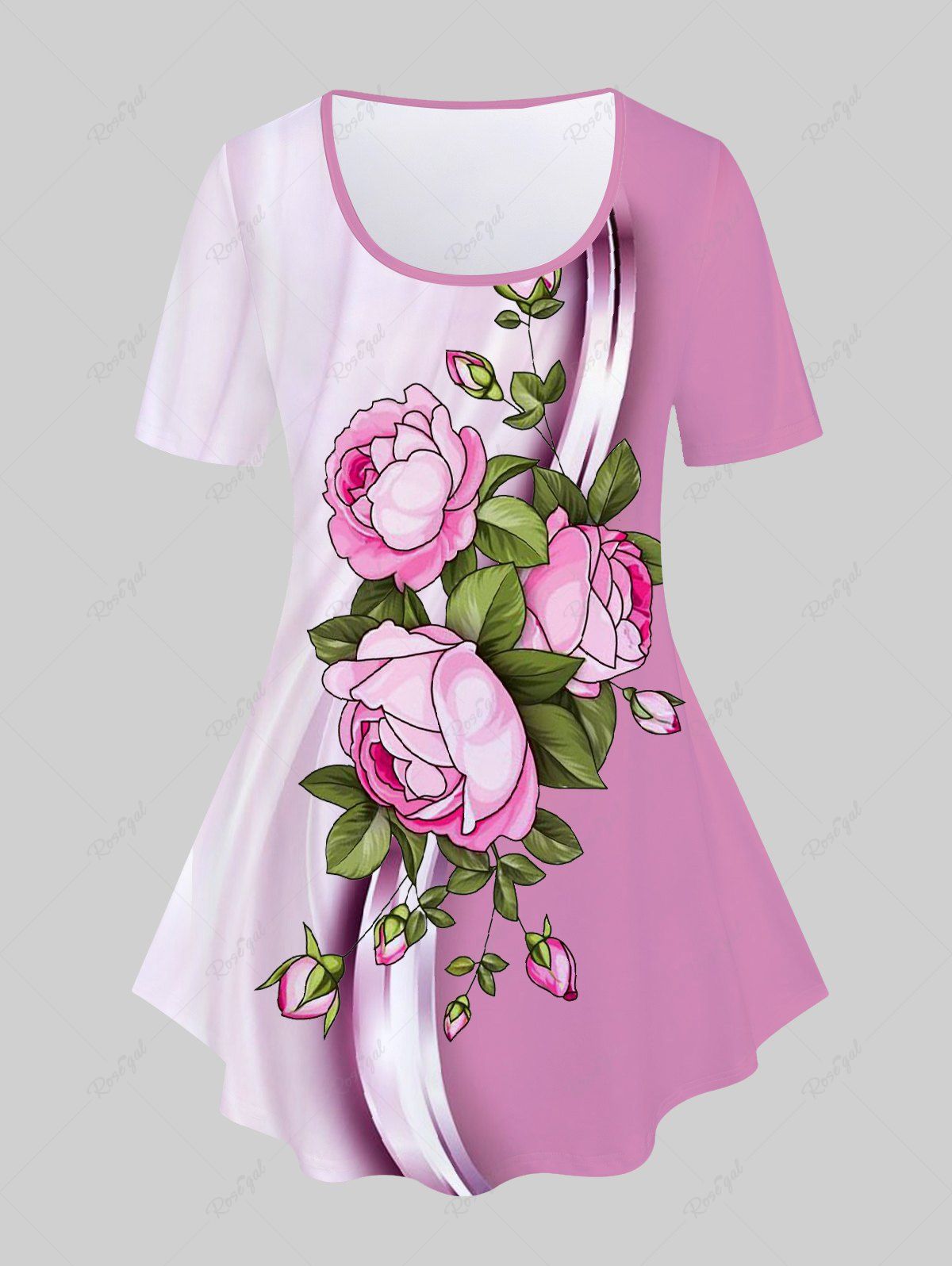 T-shirt à Imprimé Fleuri en Blocs de Couleurs de Grande Taille Rose  1X | US 14-16