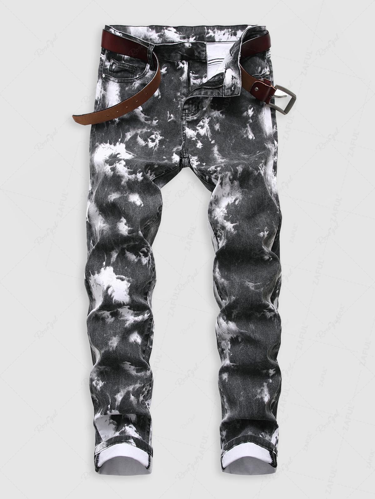 Fashion Tie-dye Pattern Cuffed Stretch Jeans  
